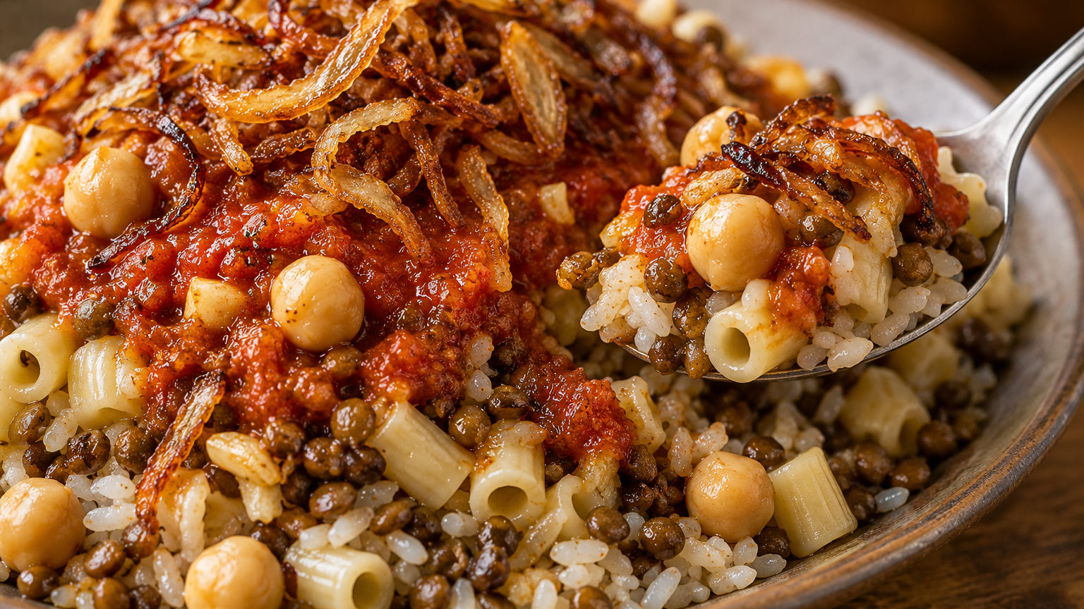 لقطة مقربة ومفصلة لطبق الكشري، تبرز الطبقات الغنية والمكونات المتنوعة.
