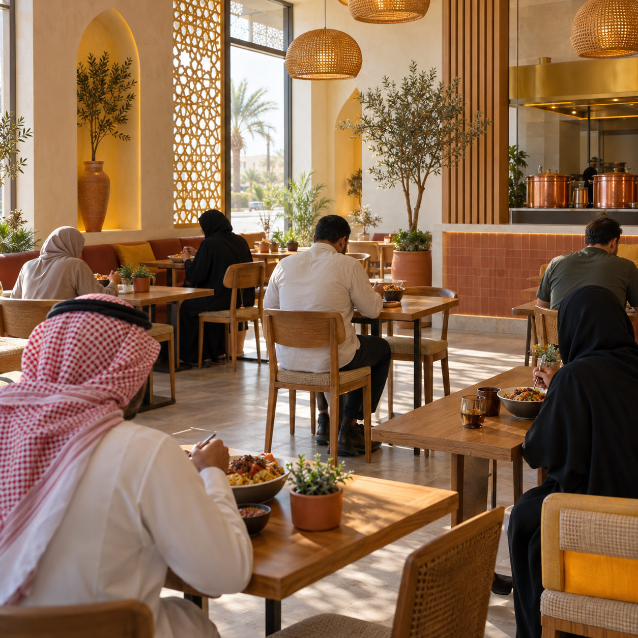 زبائن في مطعم مشرق وحديث يستمتعون بأطباق الكشري الفردية، في تفاعل طبيعي.